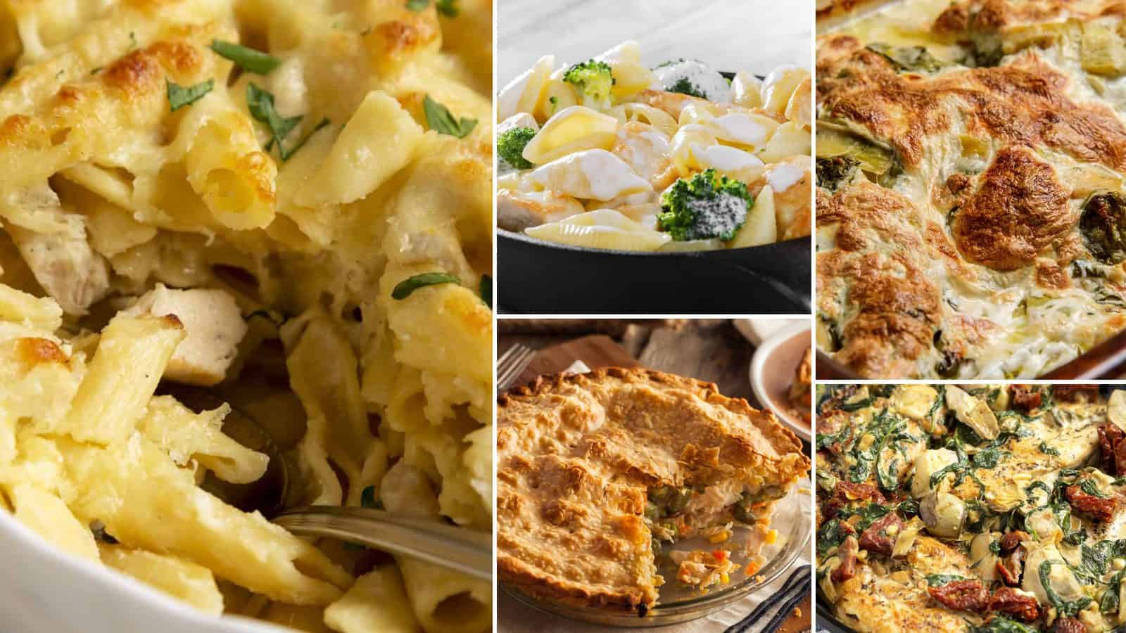 Collage of buffalo chicken pasta bake, broccoli chicken alfredo bake, chicken pot pie casserole, chicken spinach and artichoke bake and tuscan sun dried tomato and chicken casserole