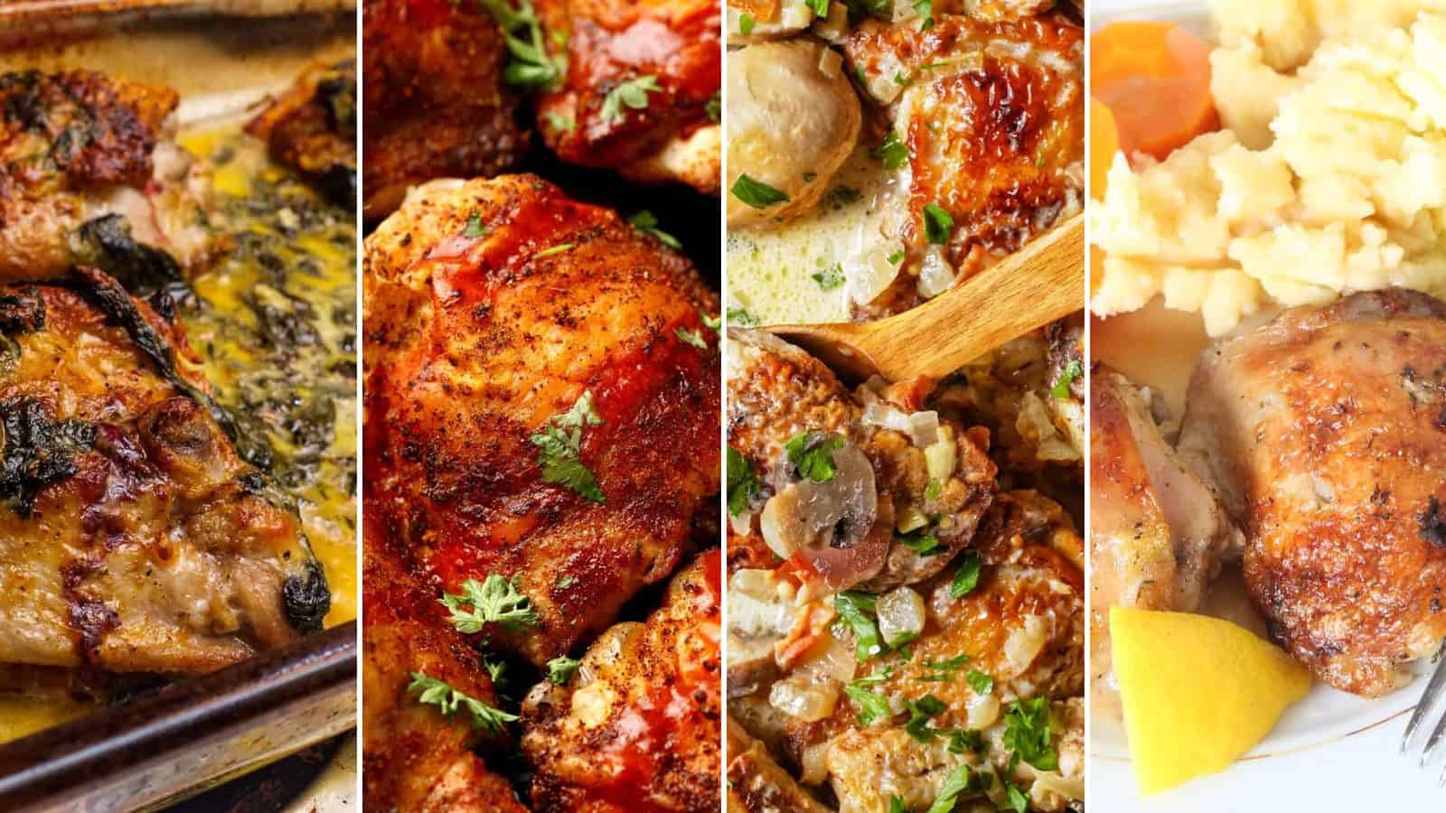 Collage of lemon garlic chicken thigh, buffalo chicken thigh, chicken thighs in mushroom marsala sauce and herb roasted chicken thigh