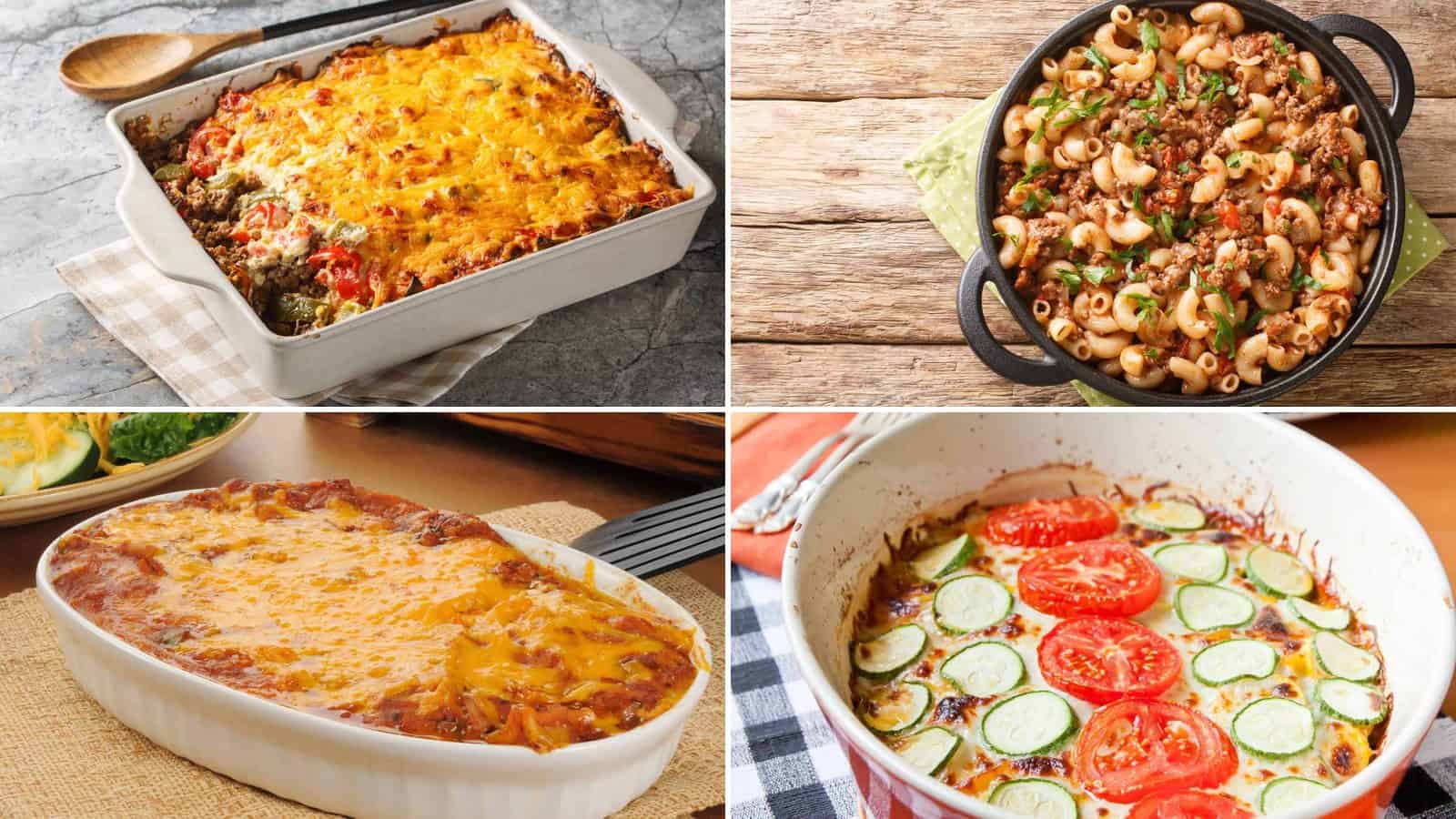 Collage of john wayne casserole, ground beef casserole, beef enchilada casserole and zucchini beef casserole