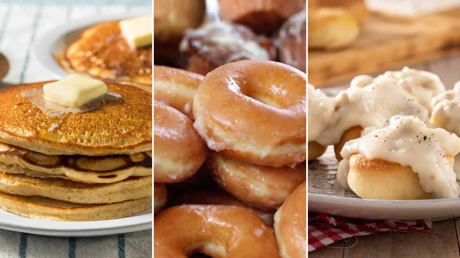 Collage of cracker barrel pancake, krispy kreme original glazed donut and bob evans sausage gravy and biscuit