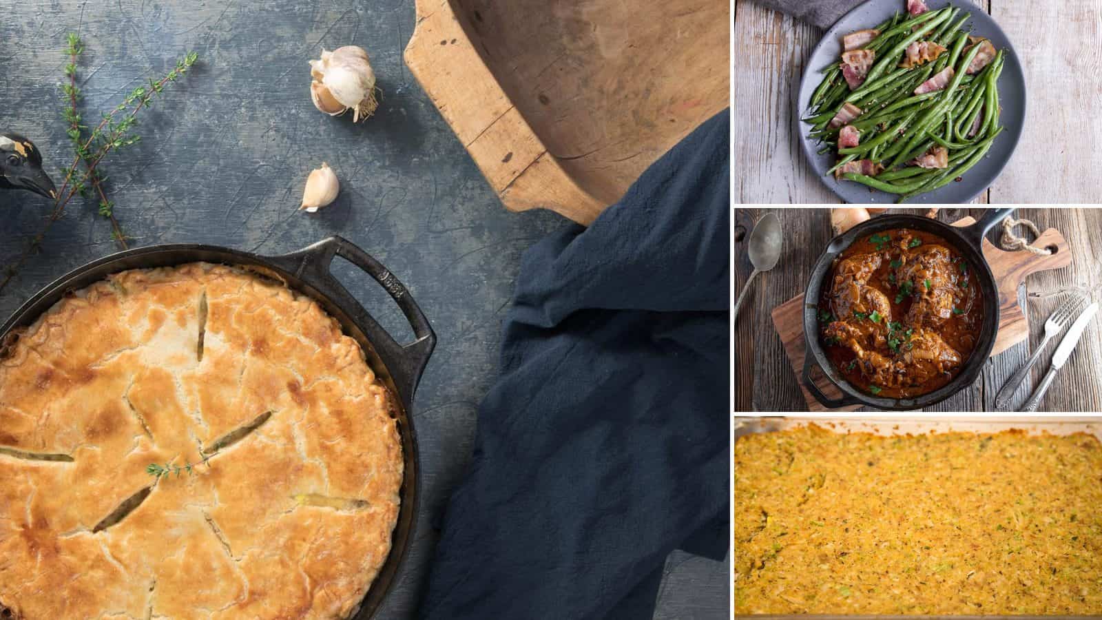 Collage of chicken pot pie, country green beans, sunday homestyle chicken and cornbread stuffing side