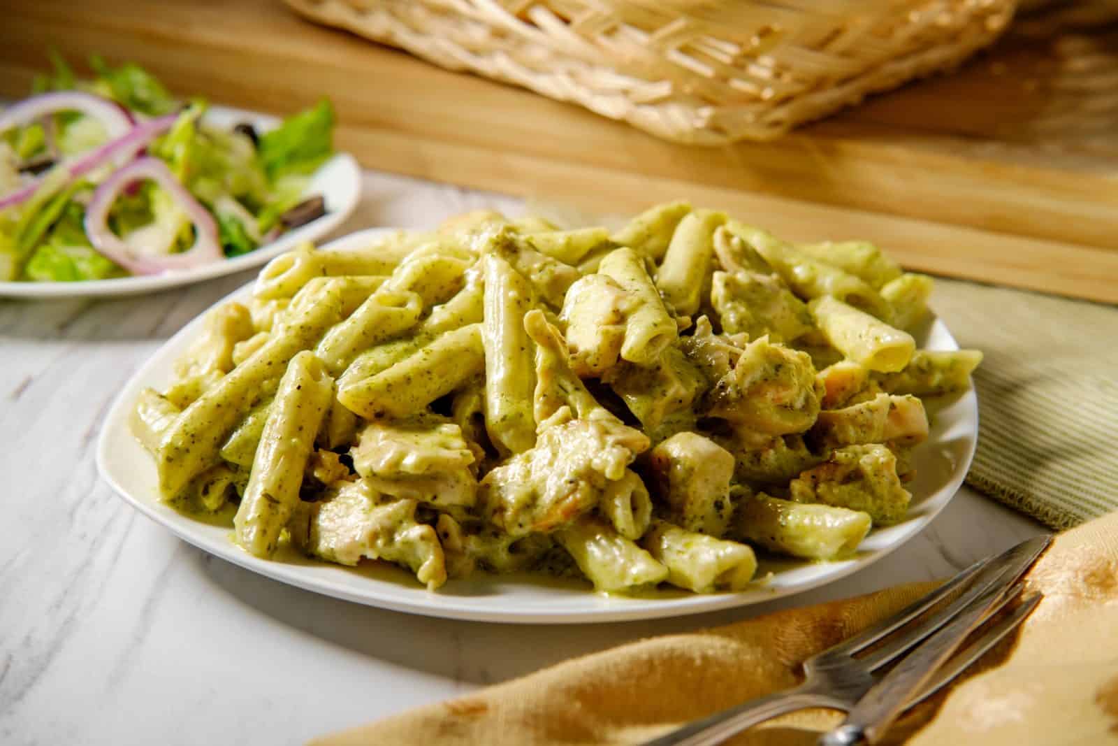 Creamy Pesto Chicken Pasta Bake on a plate