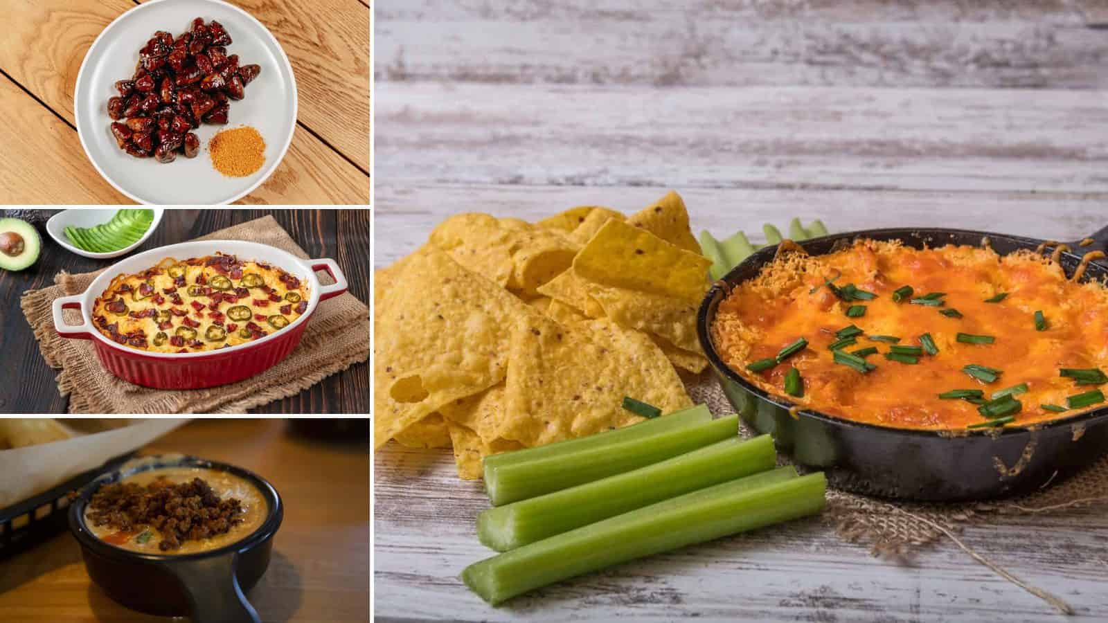 Collage of buffalo chicken dip, sweet and spicy sausage bite, jalape o popper dip and chili con queso