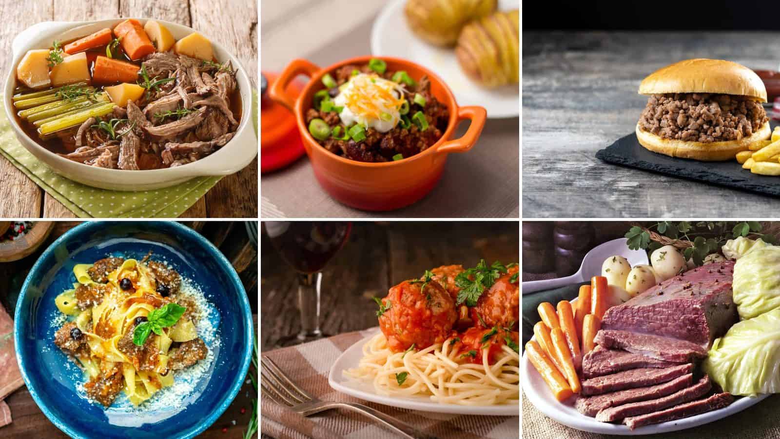 Collage of pot roast, chili, sloppy jo, beef ragu, meatballs and marinara and corned beef and cabbage
