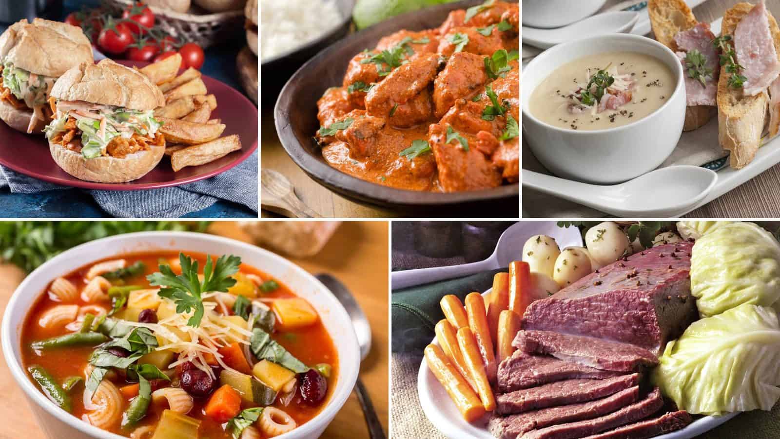 Collage of shredded barbecue chicken sandwich, butter chicken, corn and ham chowder, summer vegetable minestrone and corned beef and cabbage