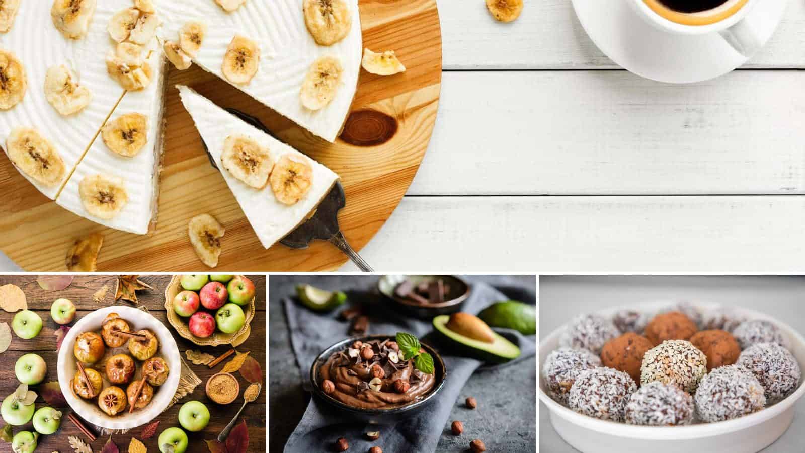 Collage of almond banana cheesecake, apples cinnamon, chocolate avocado mousse and coconut date nut ball