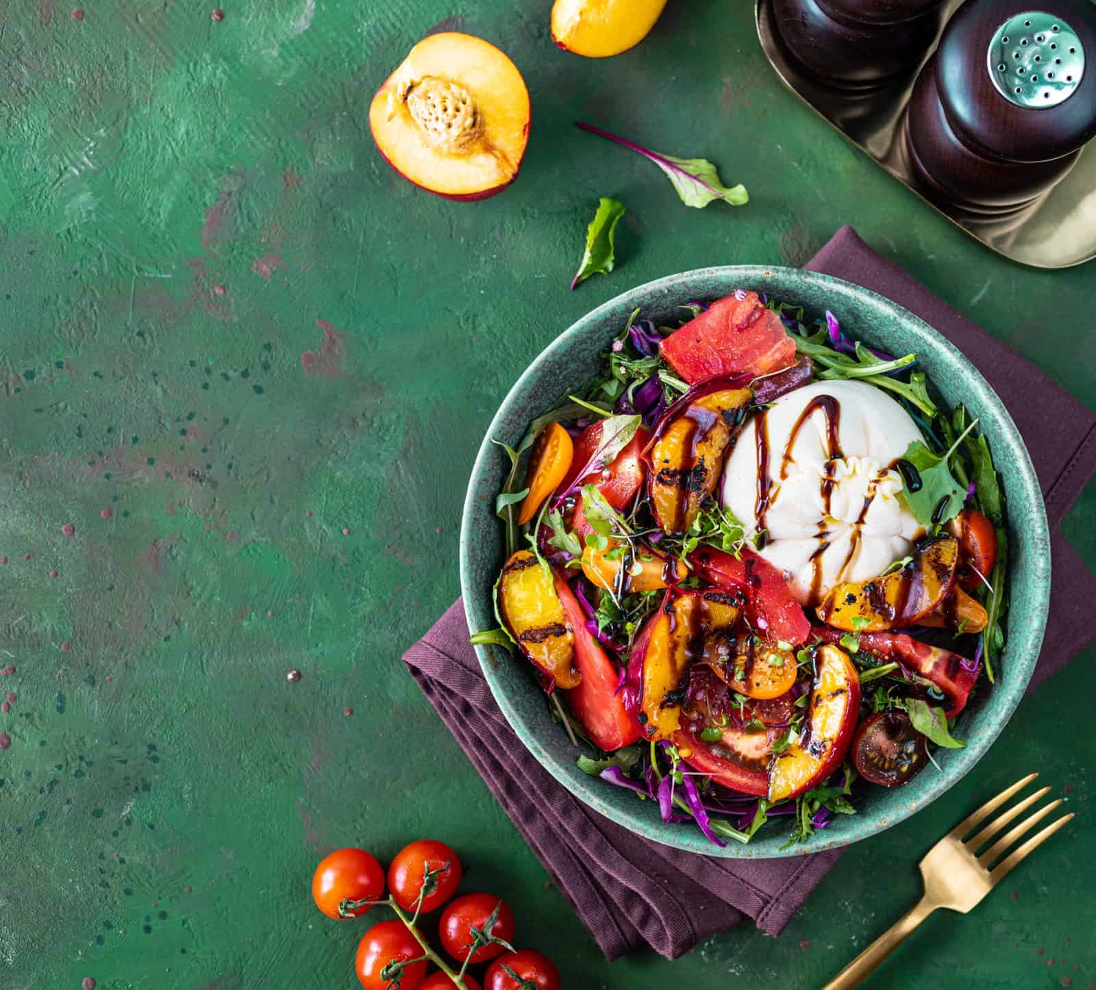 Peach burrata and arugula salad