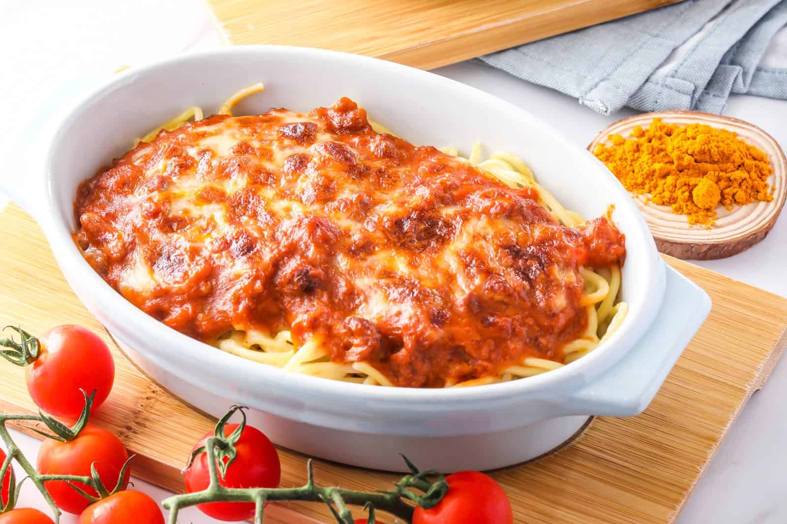 Chicken sausage and spaghetti squash ziti bake