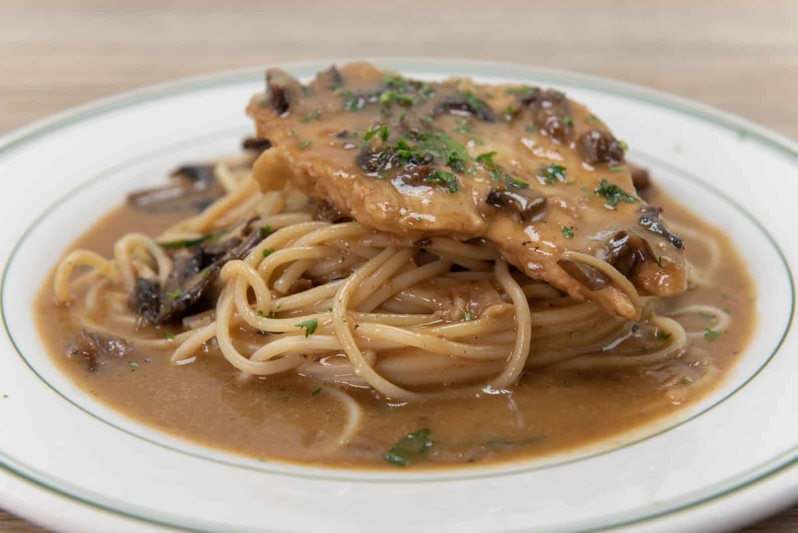 Chicken mushroom and marsala sauce on spaghetti squash