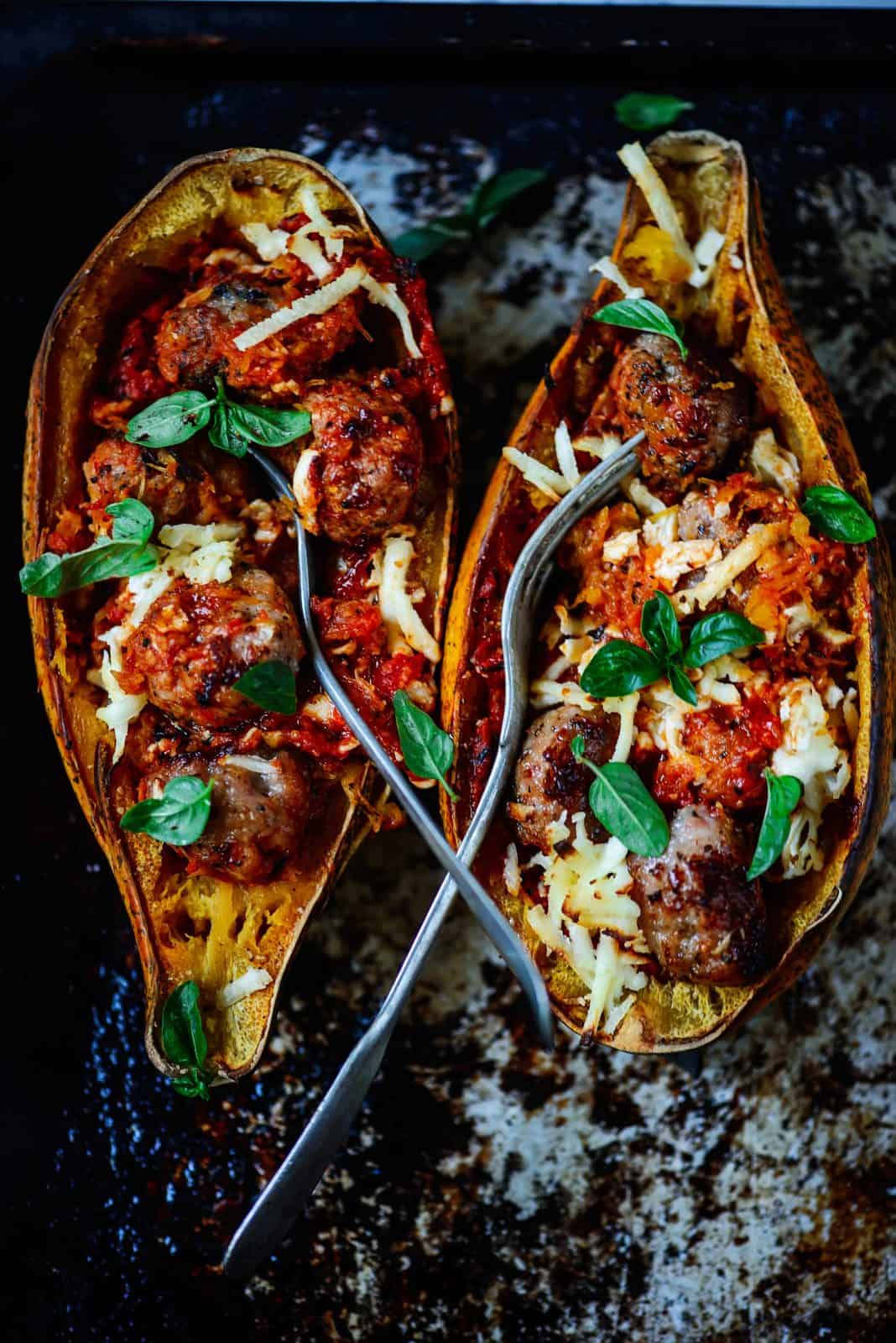 Chicken enchilada spiced spaghetti squash boat