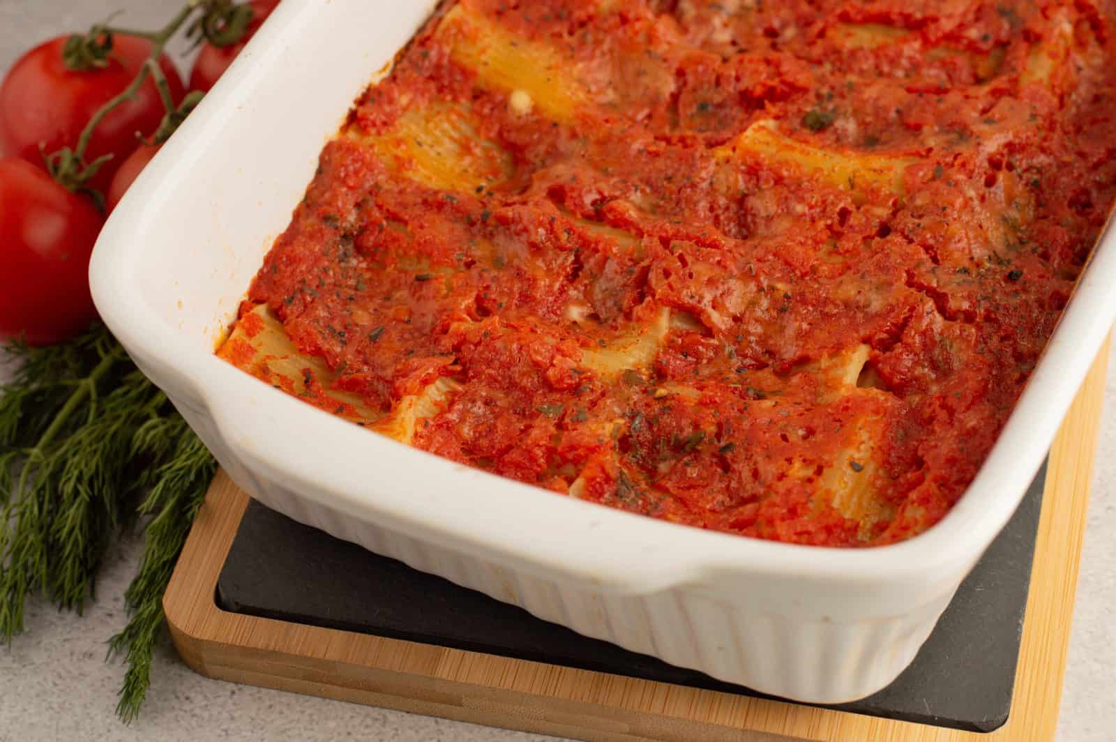 Three cheese manicotti bake