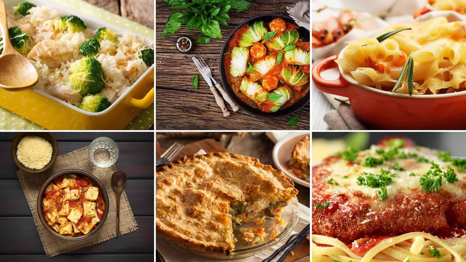 Six baked casseroles: chicken broccoli rice, stuffed cabbage rolls, creamy shrimp pasta bake, frozen ravioli bake, chicken pot pie casserole and chicken parmesan bake