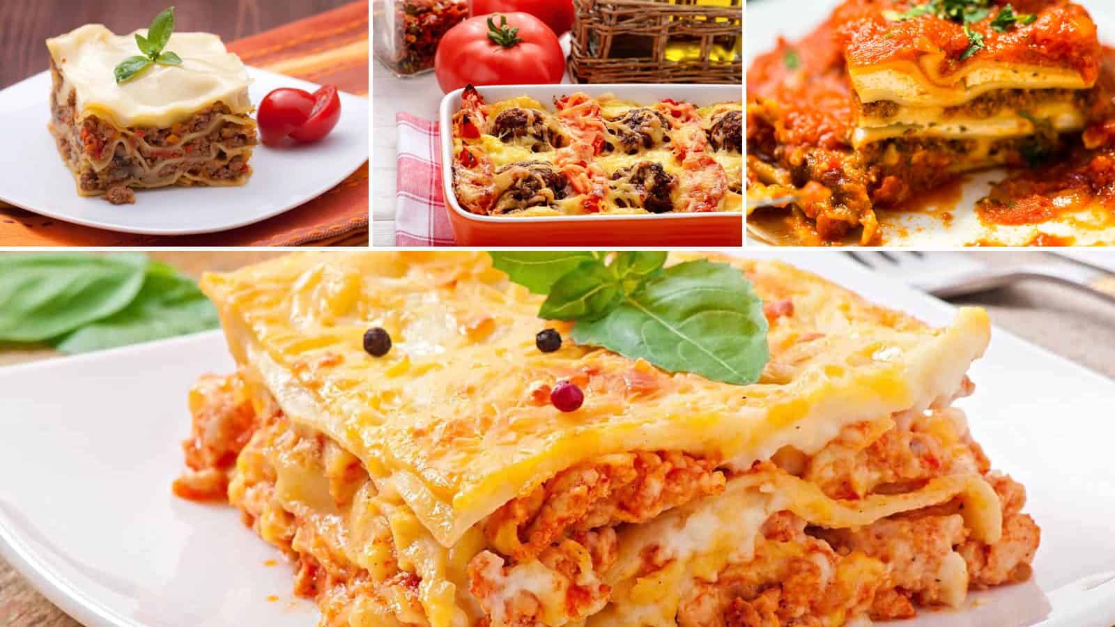 Collage of meat sauce lasagna, no boil lasagna, turkey meatball lasagna and barbecue beef lasagna