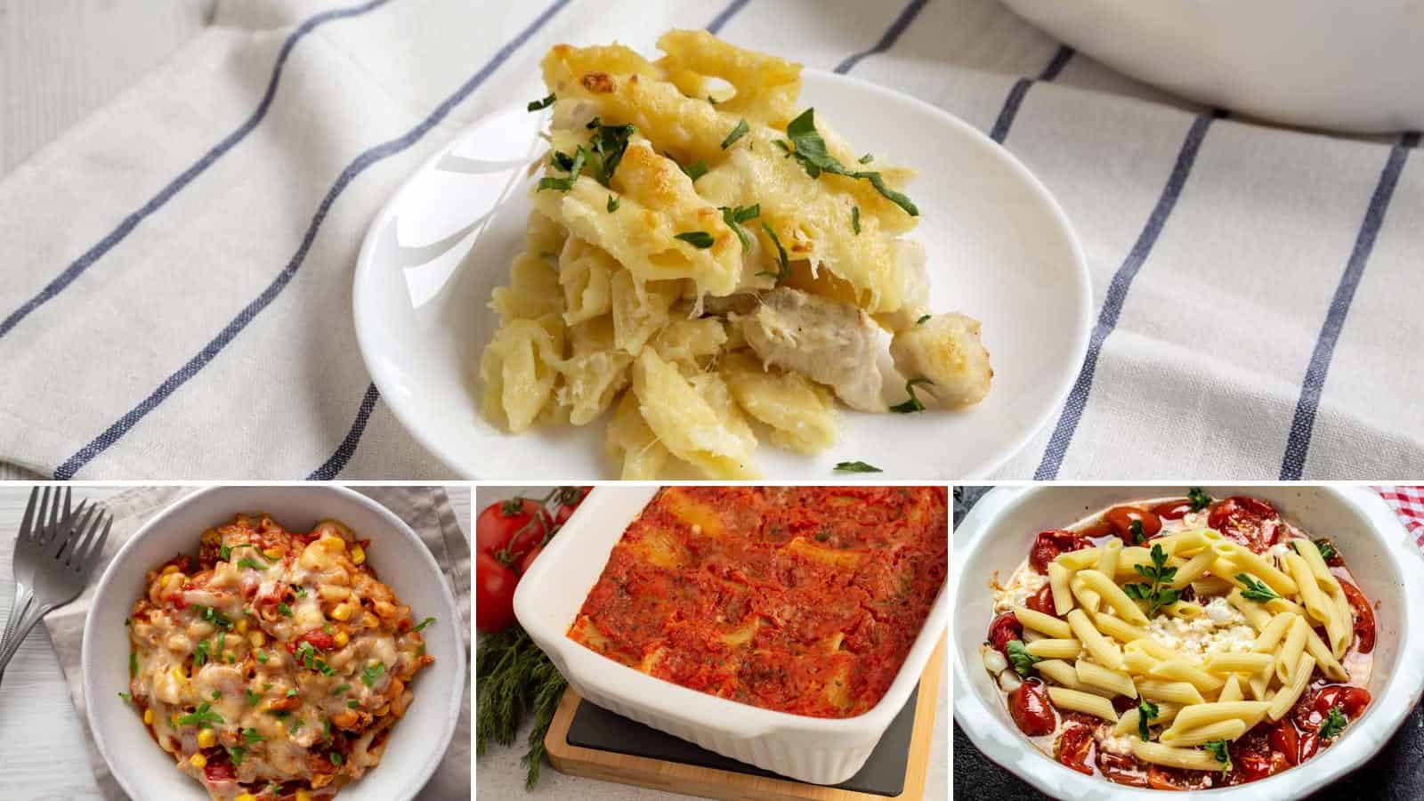 Collage of chicken alfredo pasta bake, taco pasta bake, three cheese manicotti bake and feta tomato pasta