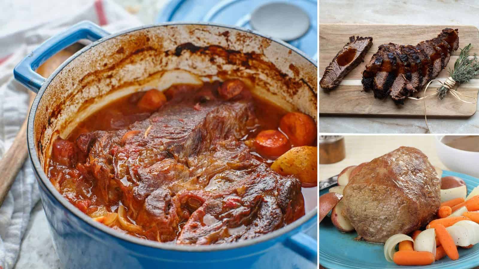 Collage of red wine pot roast, balsamic vinegar roast and vegetable medley roast
