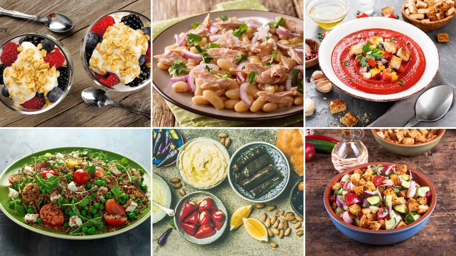Collage of no cook greek yogurt parfait, tuna and white bean salad, gazpacho with roasted red pepper and, rainbow quinoa salad, mediterranean mezze platter and panzanella with day old bread and
