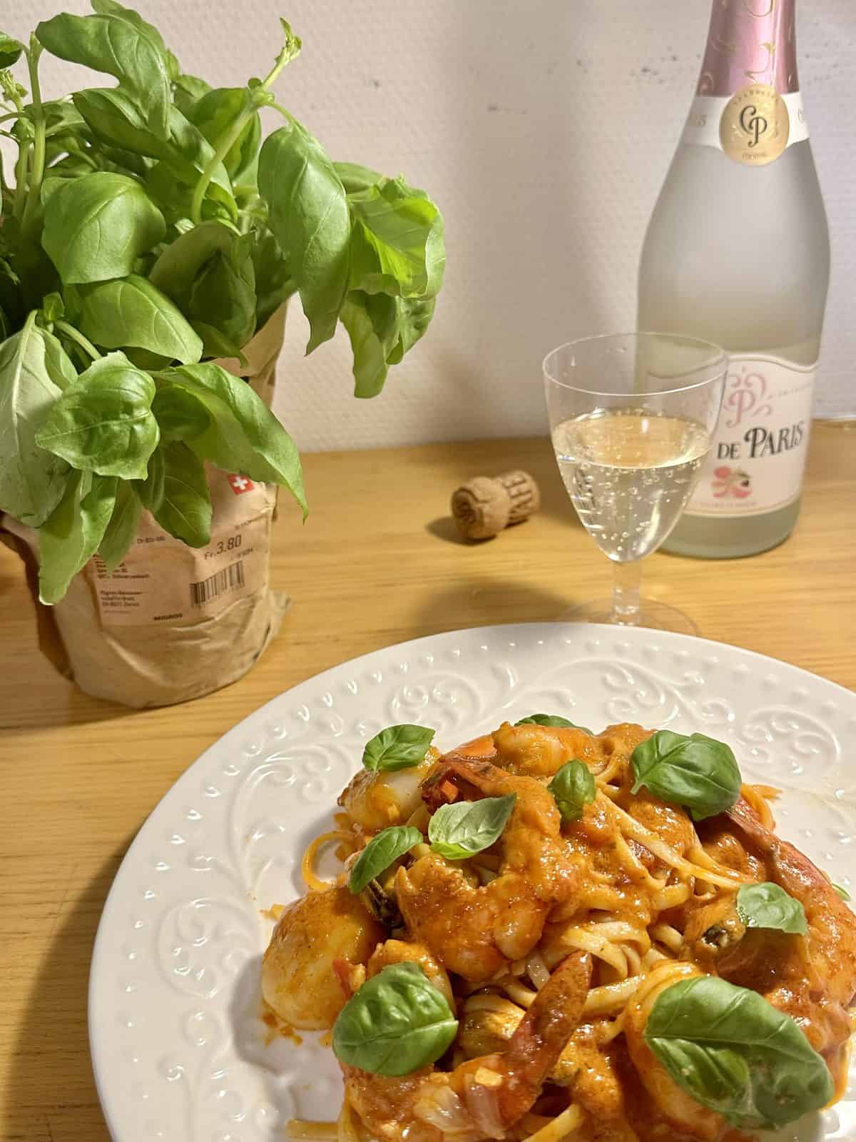 Coconut Cream and Seafood Linguine With Lychee Sparkling Wine 1 Finished Cafe de Paris Pasta