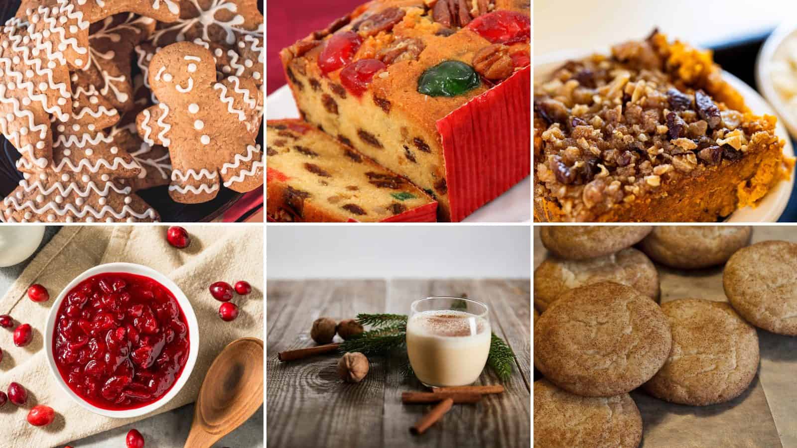 Collage of gingerbread cookie, fruitcake, sweet potato casserole, grandmas cranberry sauce, eggnog and snickerdoodle