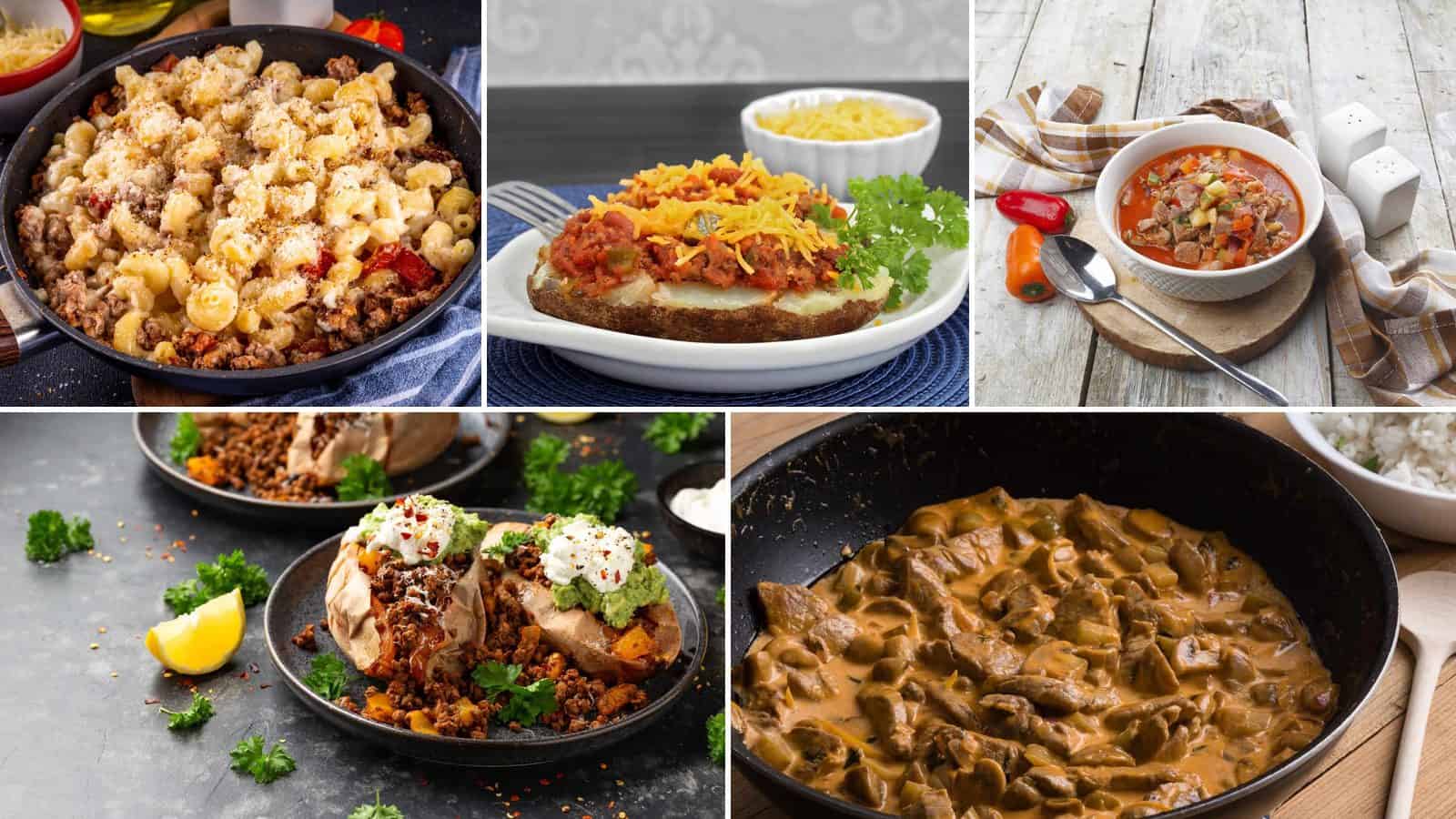 Collage of cheeseburger pasta, sloppy joe baked potato, ground beef vegetable soup, taco stuffed sweet potato and beef stroganoff