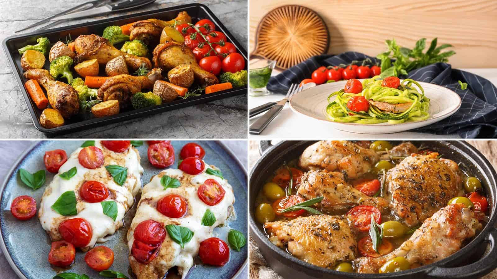 Collage of lemon garlic chicken, chicken and zucchini noodle primavera, caprese chicken and mediterranean chicken