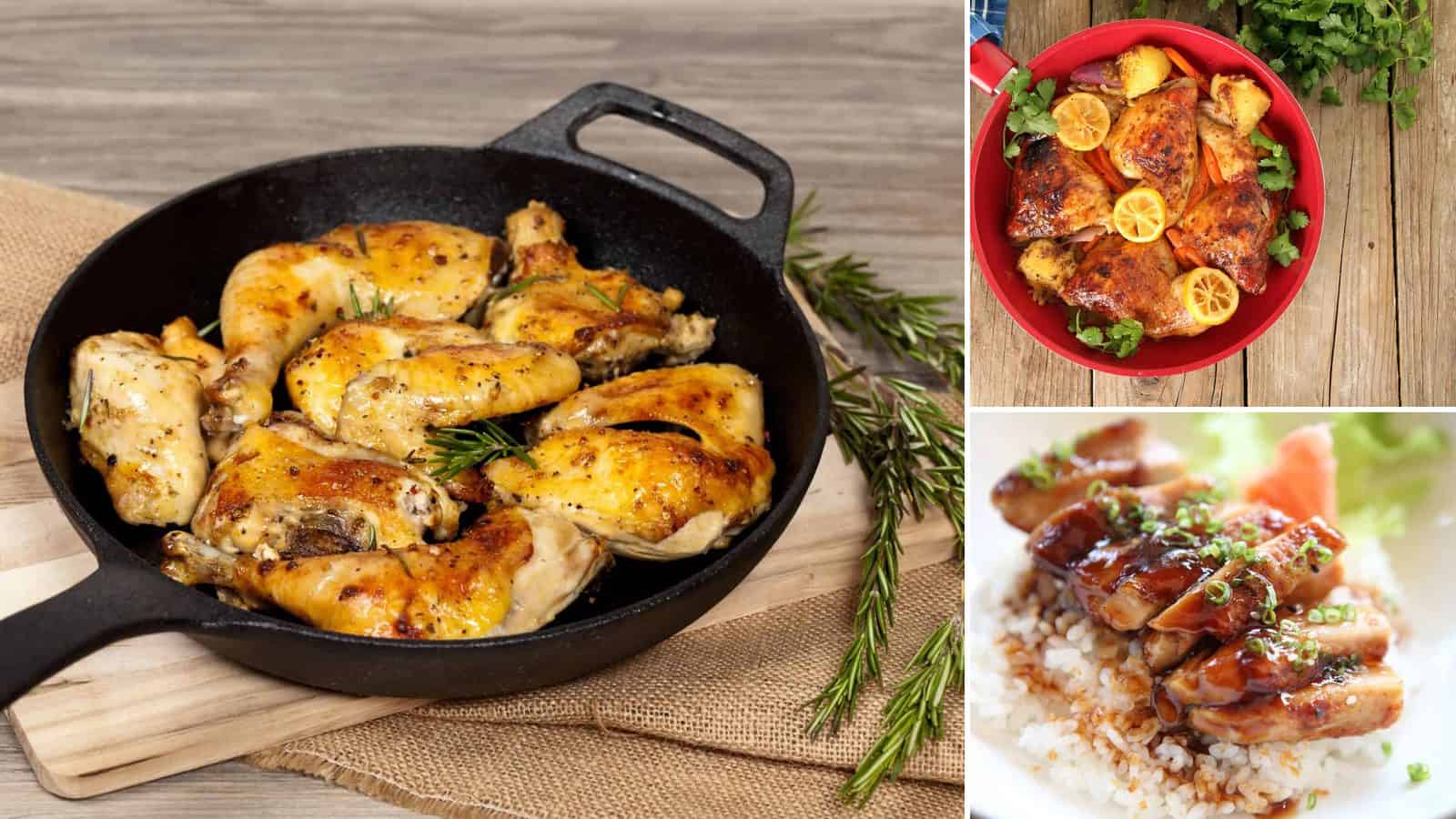 Collage of sticky honey garlic chicken thigh, honey garlic lemon chicken thigh and honey garlic teriyaki chicken thigh