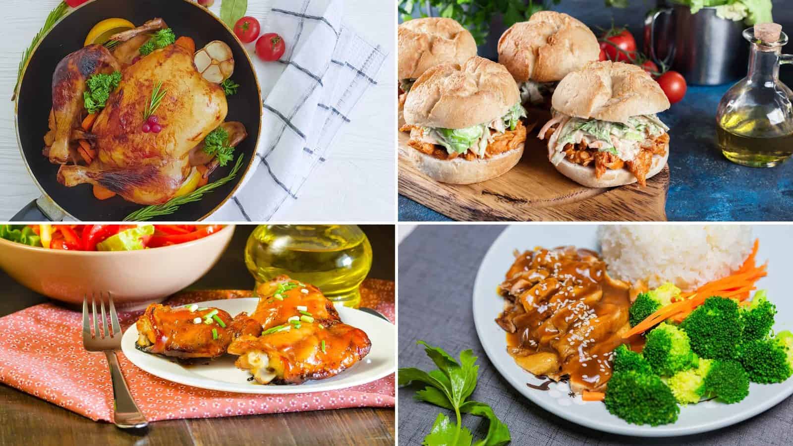 Collage of whole chicken, shredded barbecue chicken, honey soy sticky chicken thigh and teriyaki chicken and broccoli
