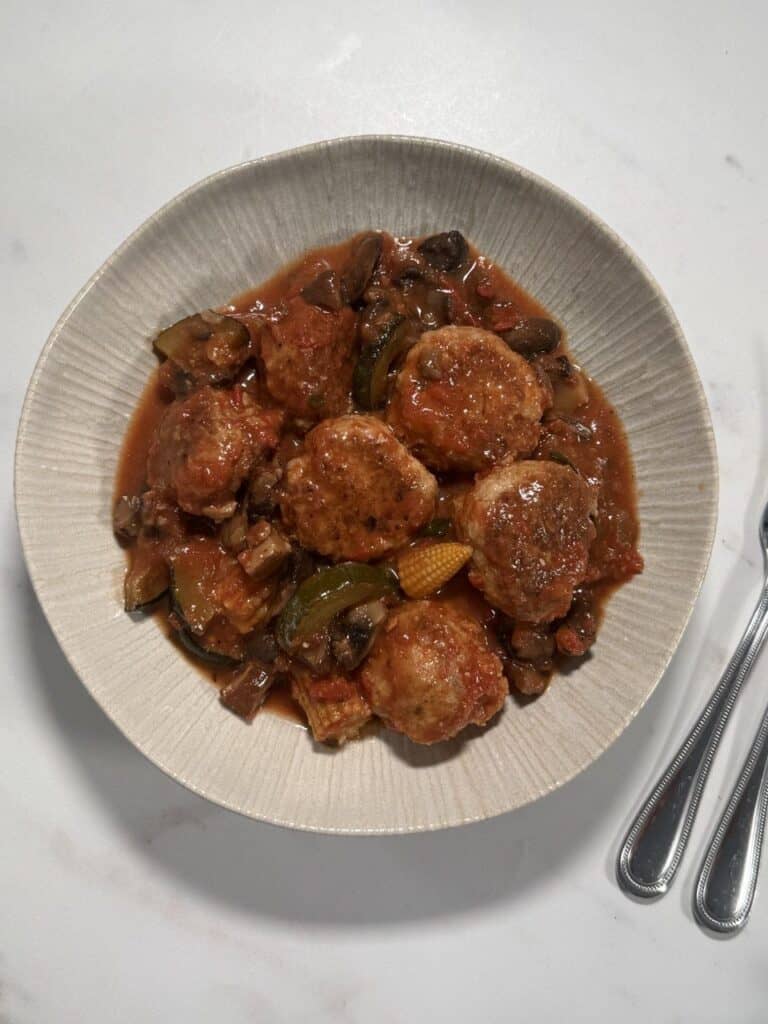 Crockpot Chicken Meatball Stew With Mushrooms and Zucchini