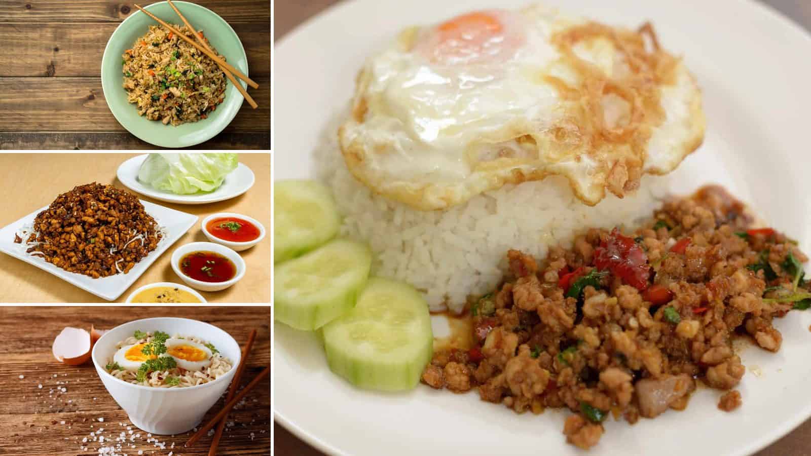 Collage of minute thai basil minced chicken stir fry, minced chicken and veggie fried rice, minced chicken lettuce wrap and minced chicken ramen