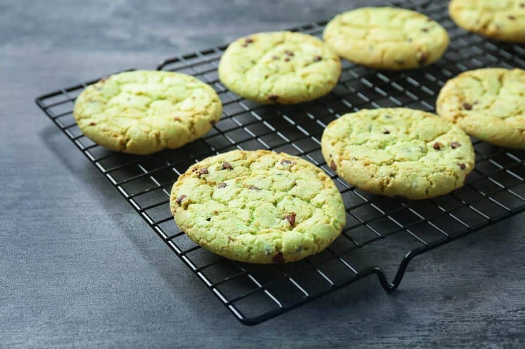 Mint chocolate chip cookies on a cooling rack