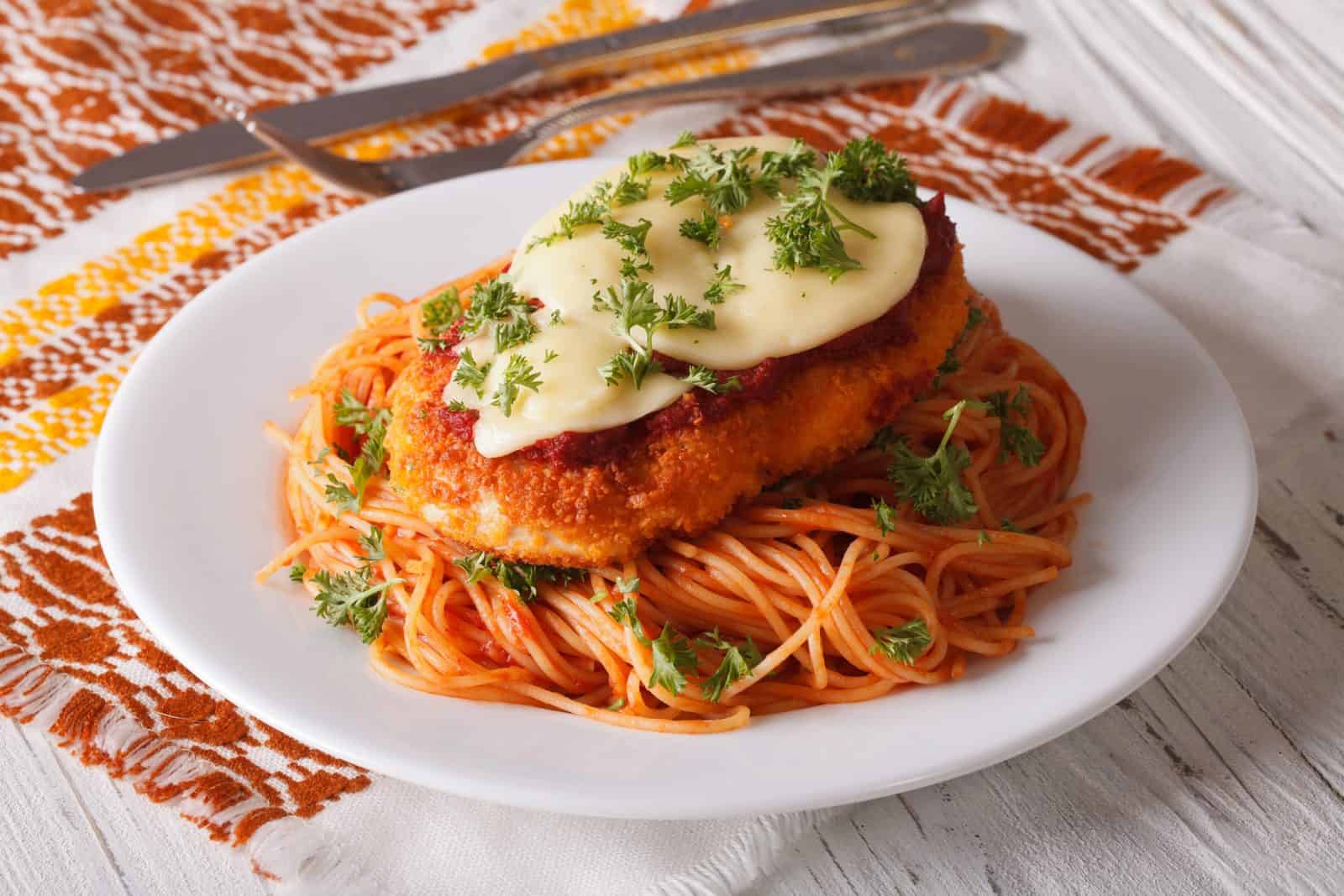 One-Pan Chicken Dinners for the Witching Hour 3 One-Pan Chicken Parmesan with Crispy Breadcrumbs on a plate