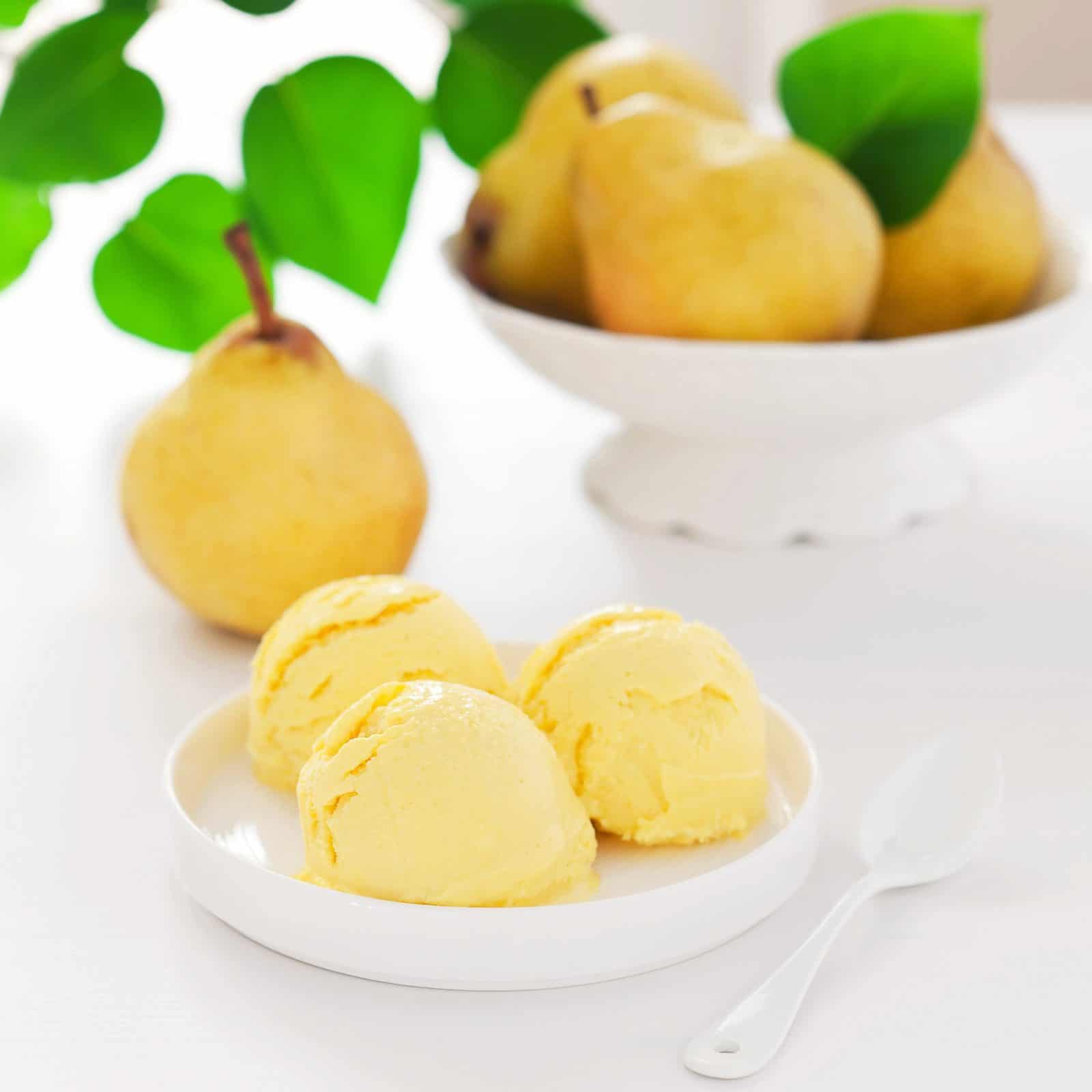 Pear Dessert Recipes for Easy Entertaining 24 Pear Sorbet with Fresh Lemon on a plate