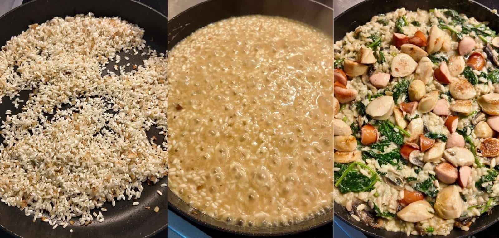 Spinach & Sausage Risotto with Mushrooms for Extra Earthy Chew 2 Process of cooking the risotto