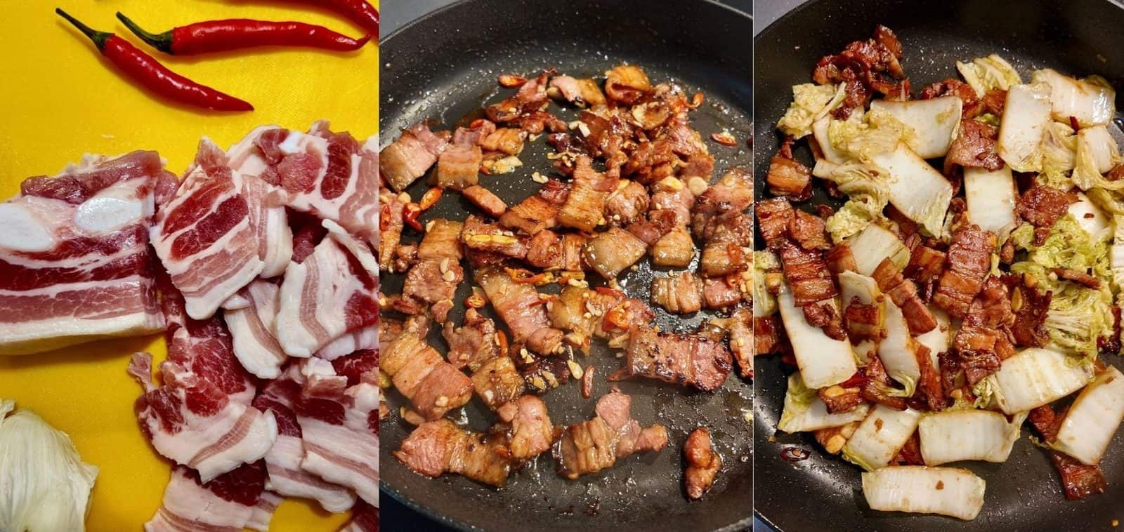 Quickest Wok Stir Fried Pork Belly 2 Process of cutting the pork belly, frying then adding Chinese cabbage