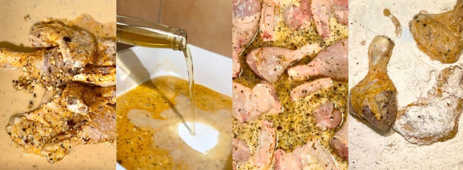 Crispy Cajun Fried Chicken with Beer and Buttermilk 2 Process of marinating and dredging the chicken