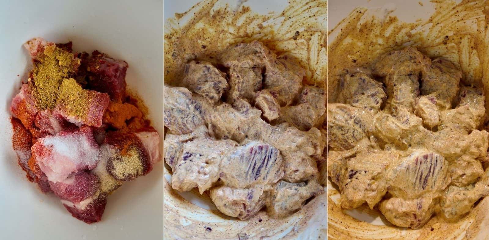Process of Marinating the beef curry with yogurt and spices