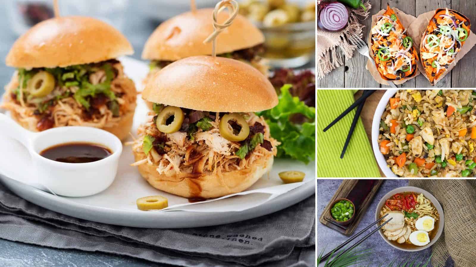 Collage of BBQ Pulled Costco Chicken Sliders, Buffalo Chicken Stuffed Sweet Potatoes, Chicken Fried Rice with Frozen Mixed Veggies, Chicken Ramen Upgrade with Soft-Boiled Egg