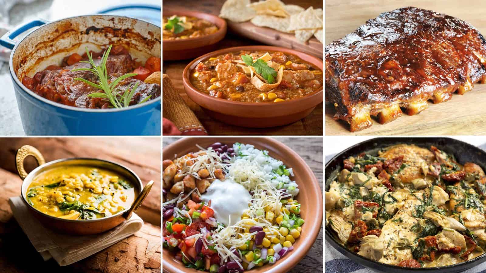 Six slow cooker dinners: beef pot roast with carrots, chicken tortilla soup, BBQ ribs, coconut curry lentils, a chicken burrito bowl and creamy Tuscan garlic chicken