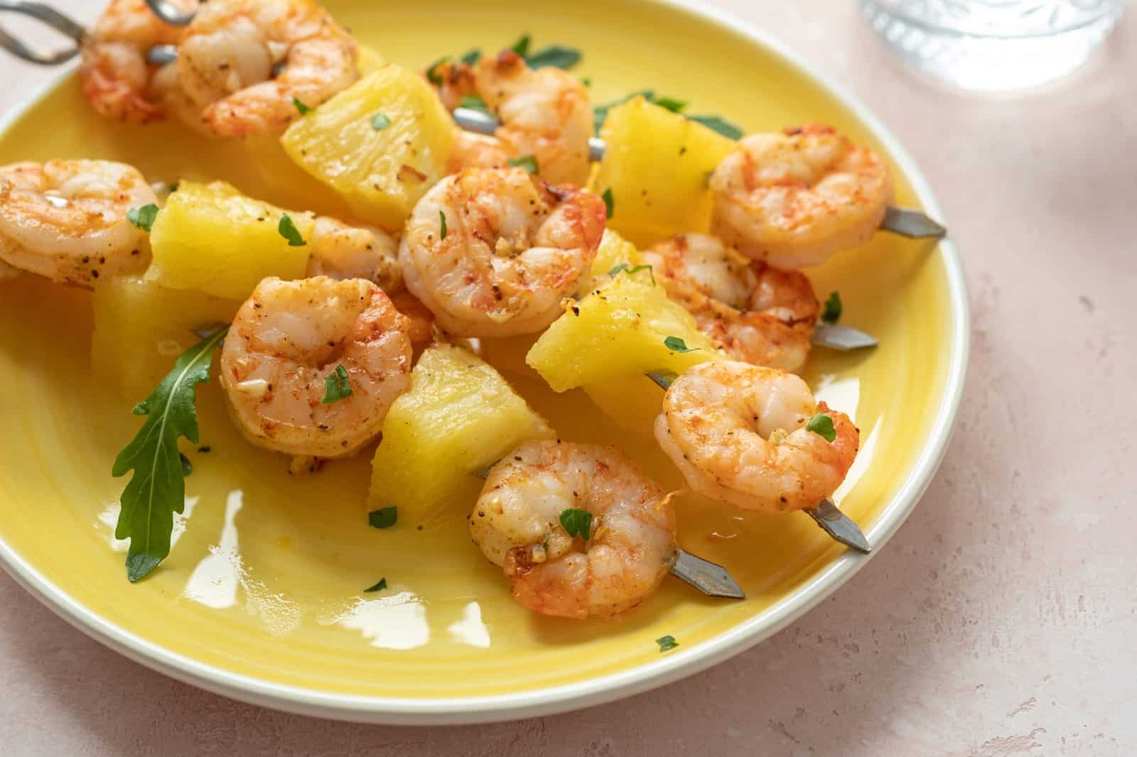 Spicy Pineapple Shrimp Kabobs on a plate