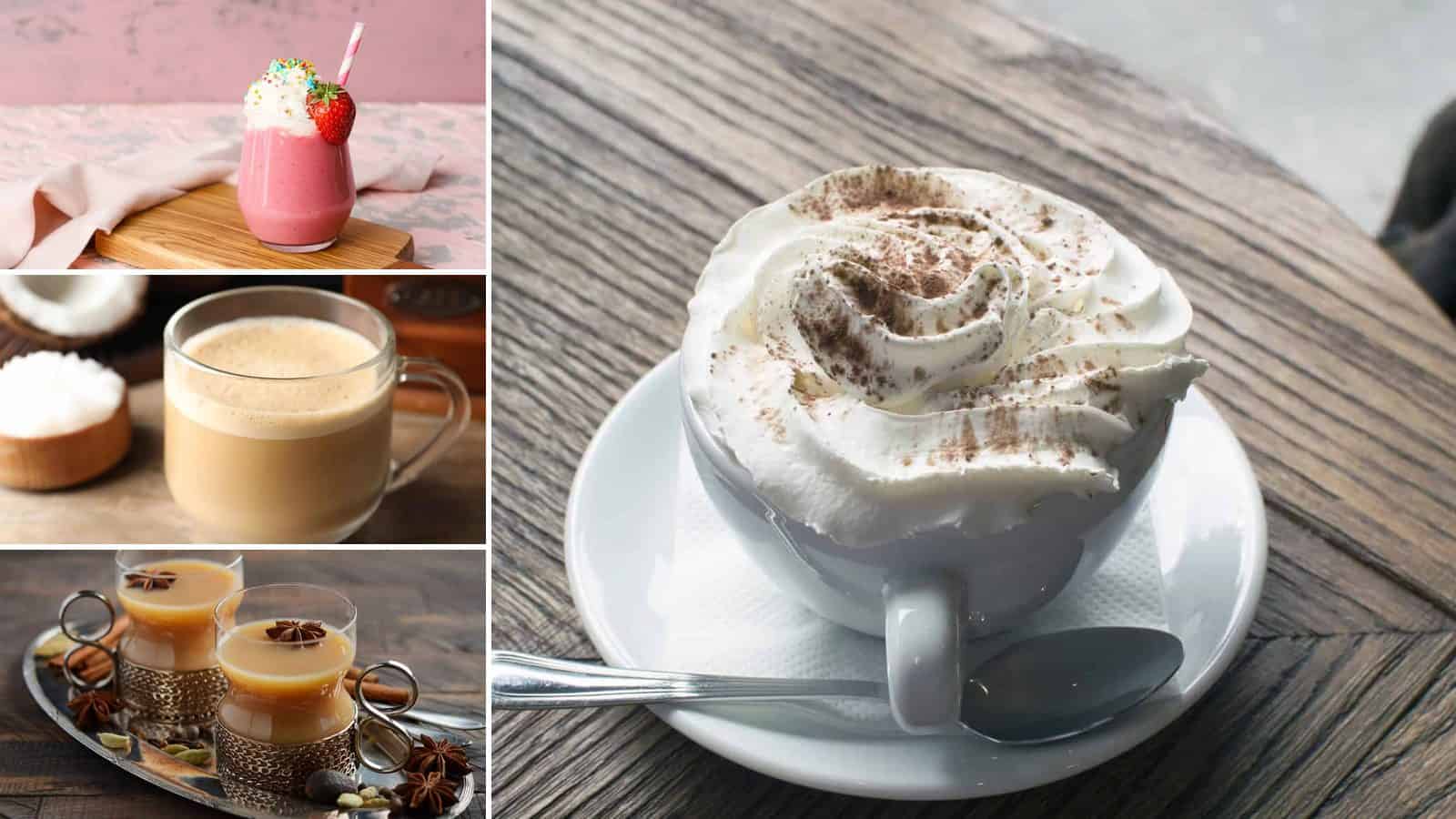 Collage of diy hot chocolate, cotton candy frappuccino, toasted coconut latte and customizable chai