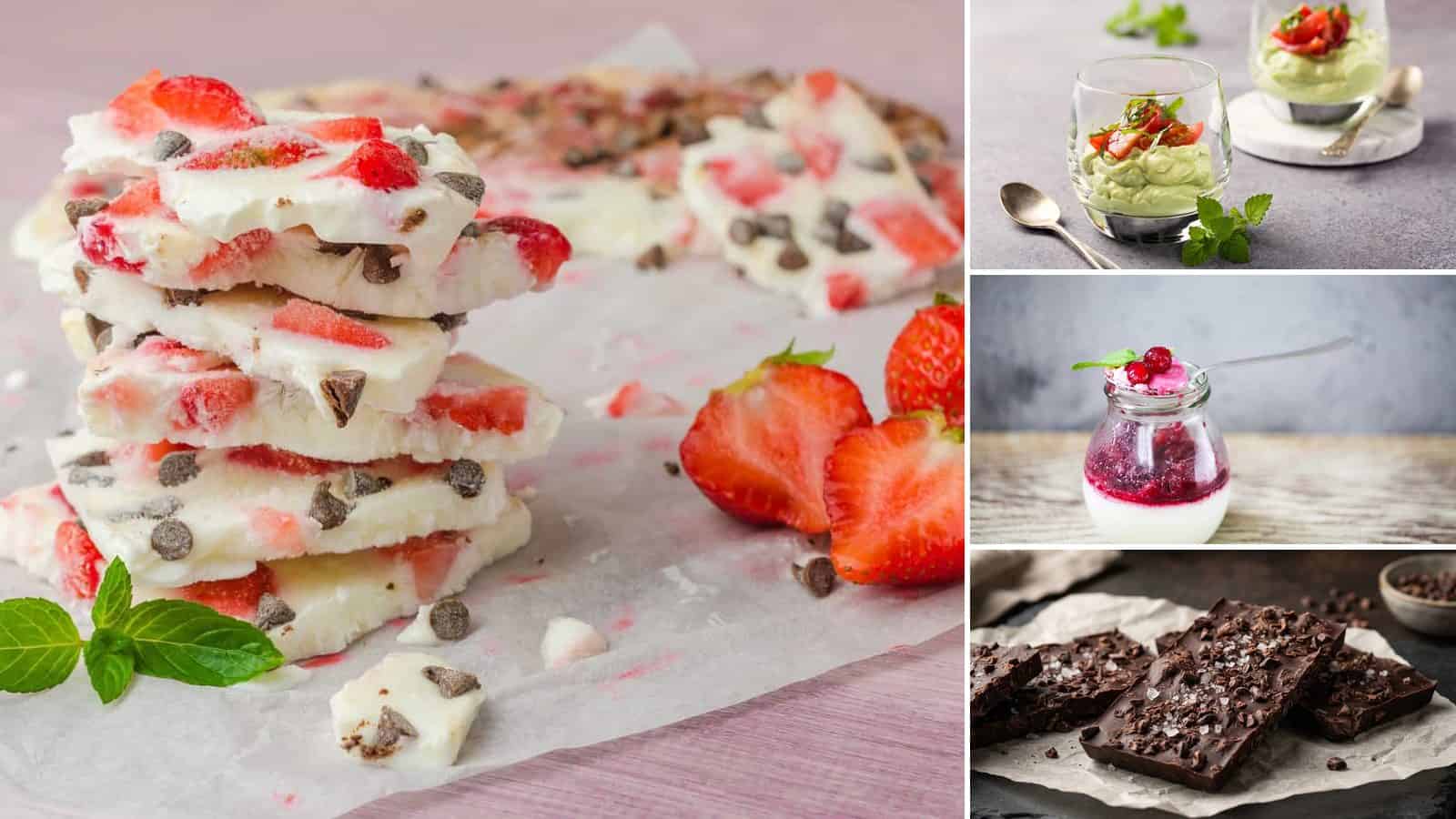 Collage of frozen greek yogurt bark, avocado lime mousse in cup, chilled panna cotta jar and dark chocolate sea salt bark