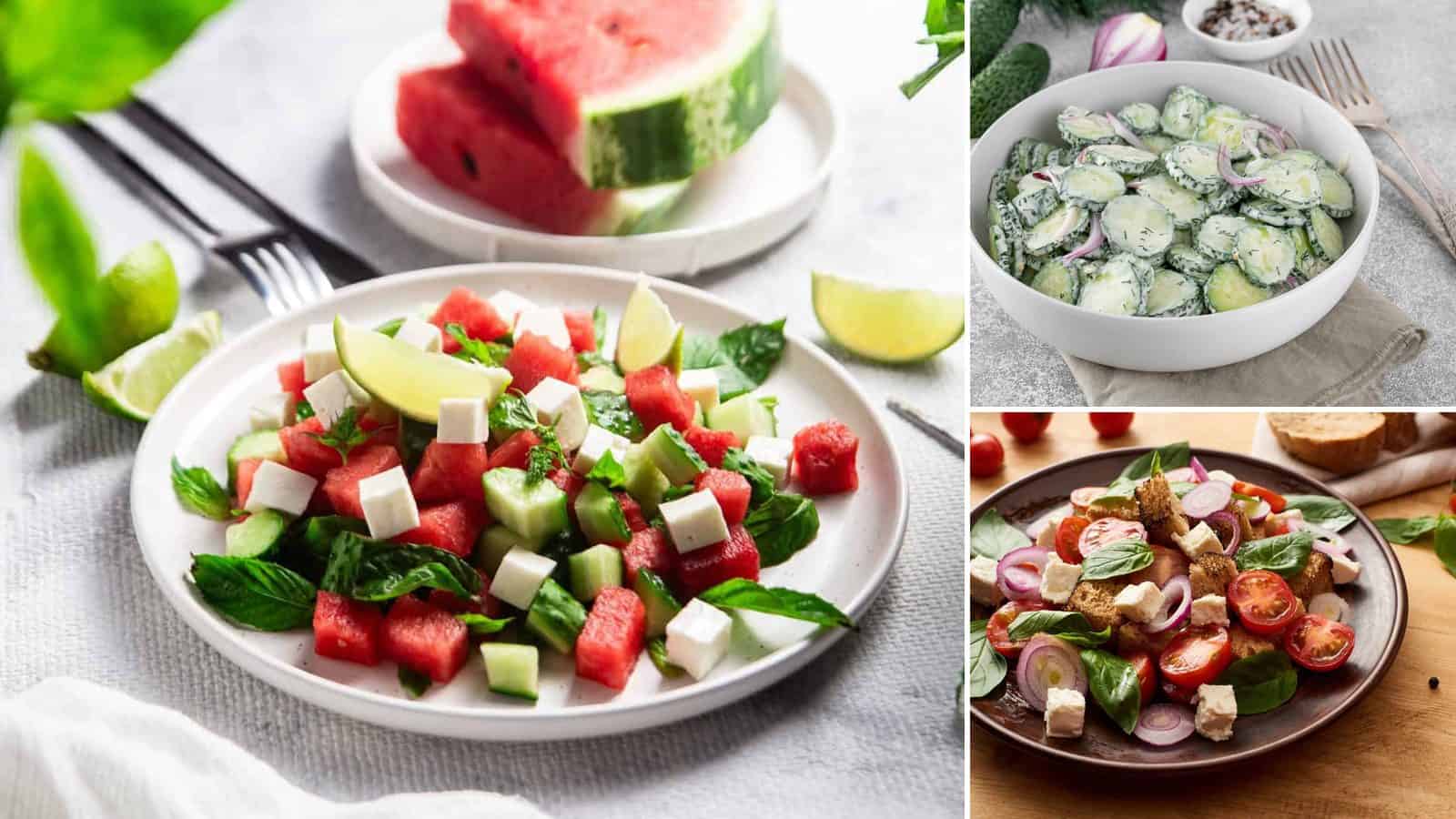 Collage of watermelon feta and mint salad, cucumber dill and lemon yogurt salad and italian panzanella bread salad