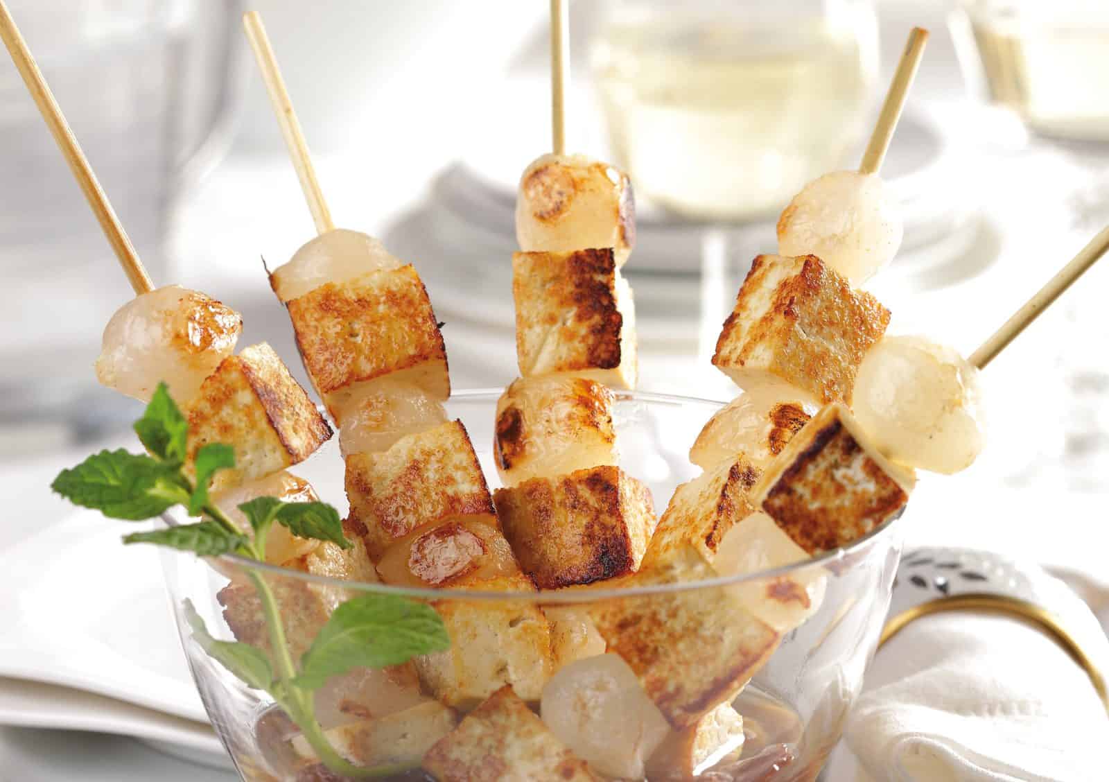 Sweet and Tangy BBQ Tofu Skewers on a plate