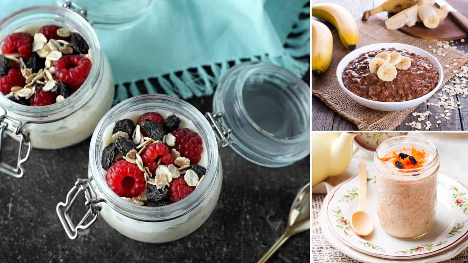 Collage of berry medley oats, mocha oats and carrot cake oats