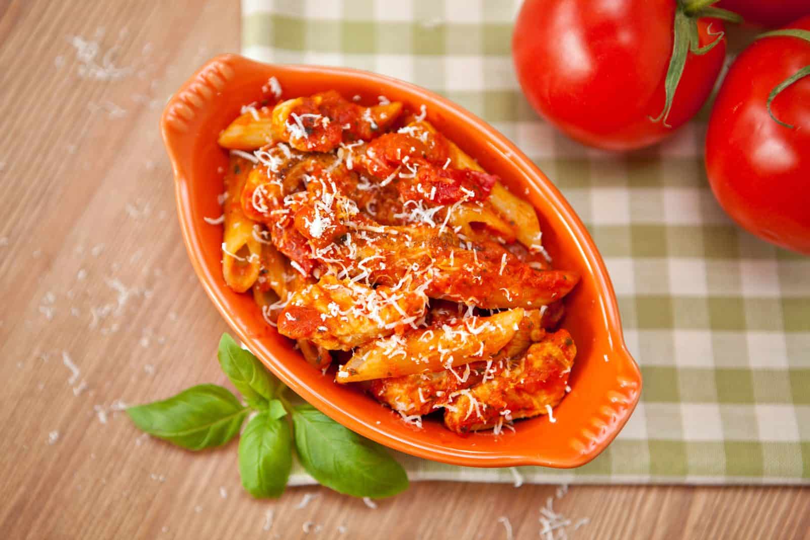 Quick Chicken Dinners for Moms Who Forgot to Thaw Anything 28 Tomato Basil Chicken Pasta with Canned Diced Tomatoes on a plate