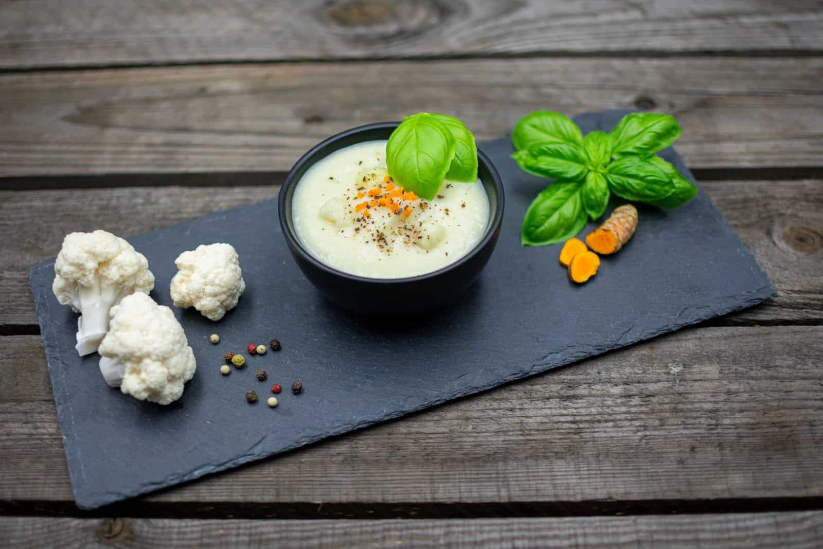 Turmeric Spiced Cauliflower Soup on a plate