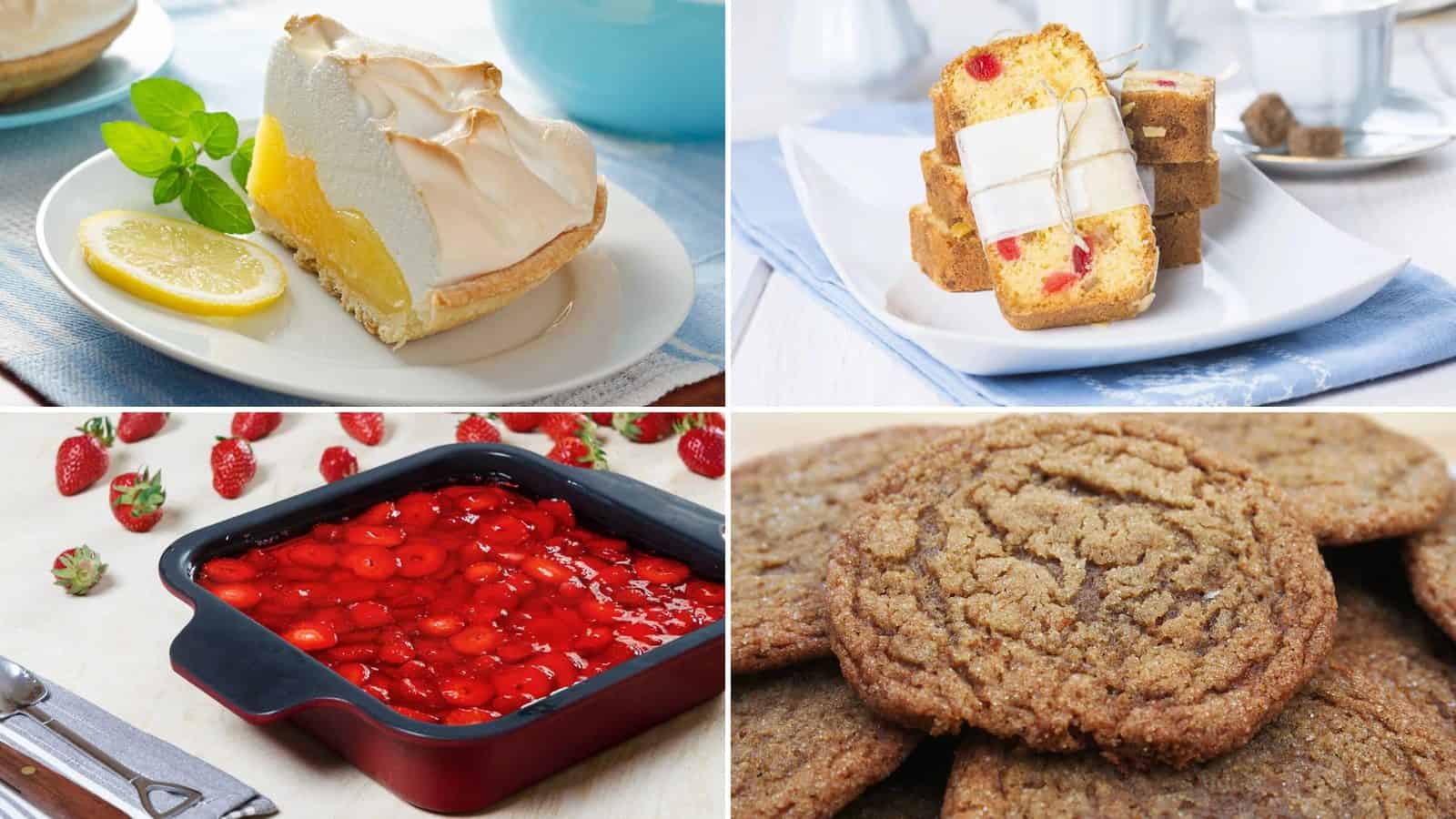 Collage of lemon meringue pie, fruit cake, strawberry pretzel salad and molasses cookie