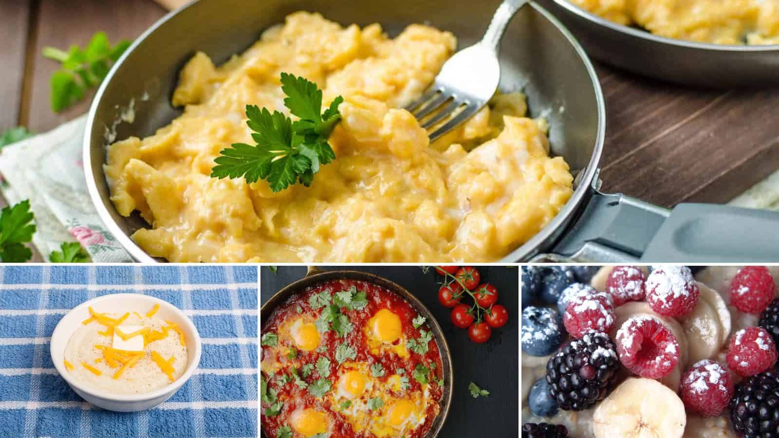 Collage of scrambled eggs warm breakfast plate, warm breakfast grits, shakshuka warm breakfast and steel cut oats warm breakfast